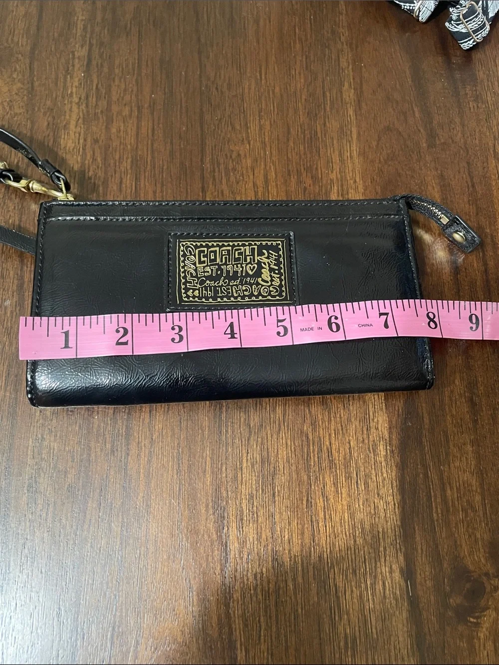 Coach Poppy Black Patent Leather Wristlet Wallet with Gold Plaque